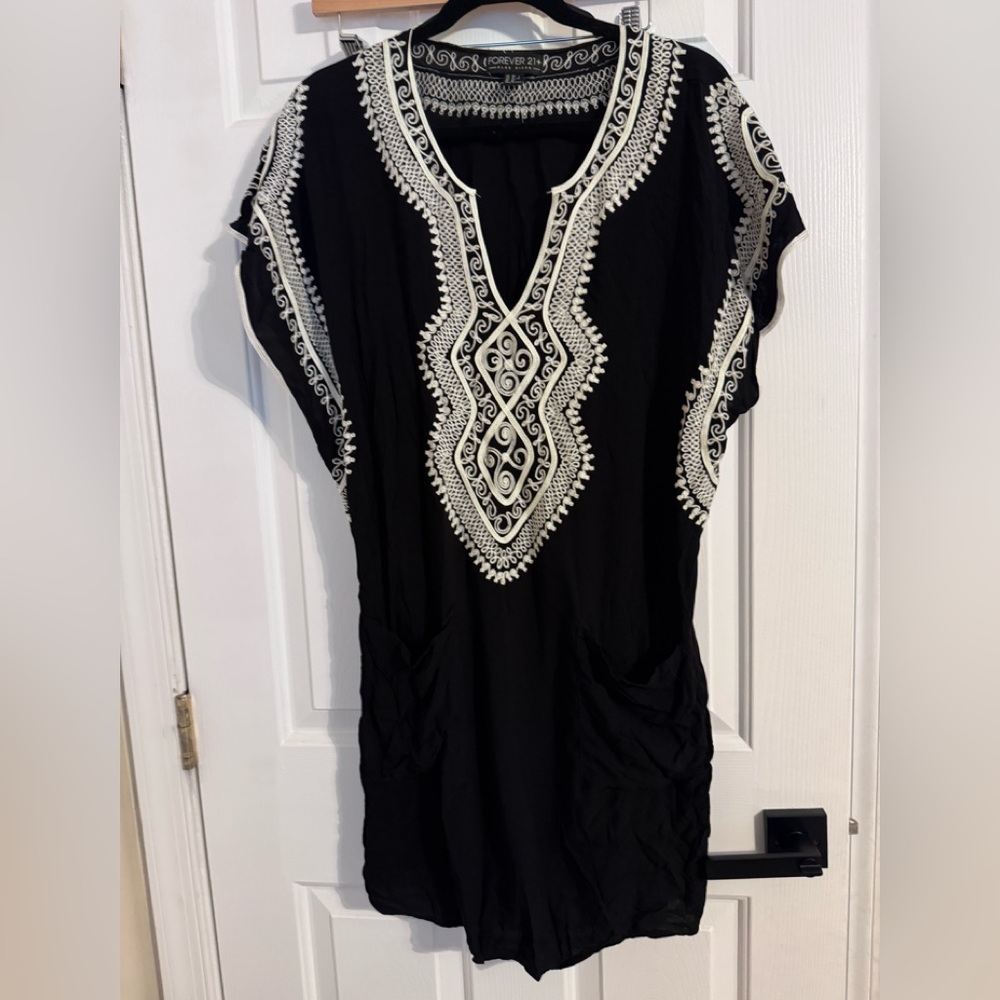 Forever 21 Black Tunic with White Embroidery